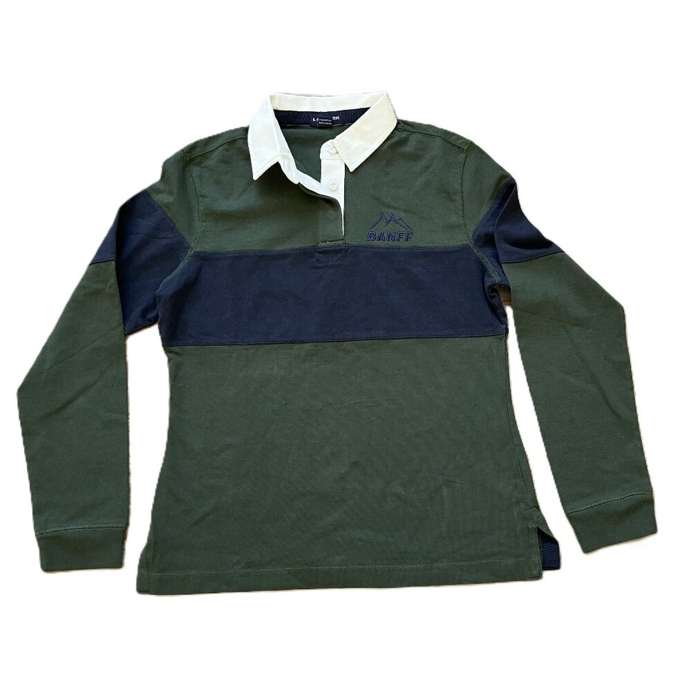 Banff Long Sleeve Polo T Shirt Green/Navy Rugby Stripe Women's Medium